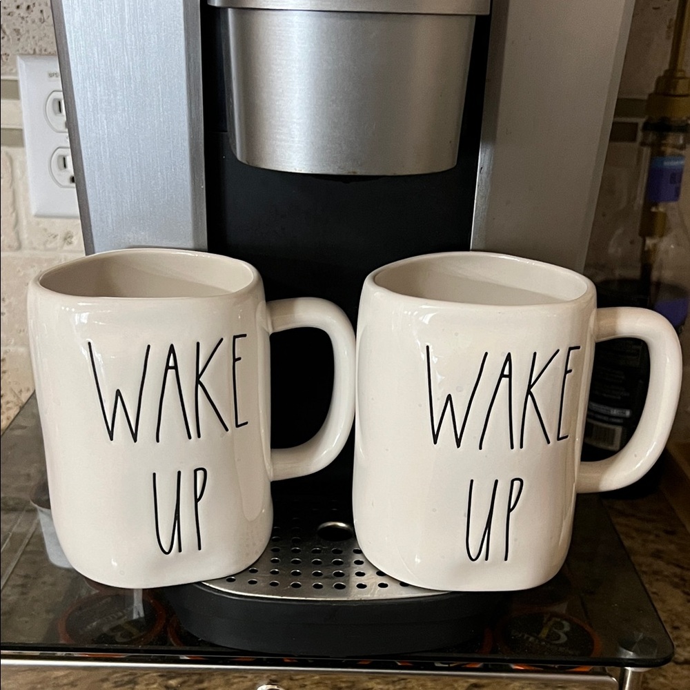 Rae Dunn Wake Up Mugs Pair - White EUC